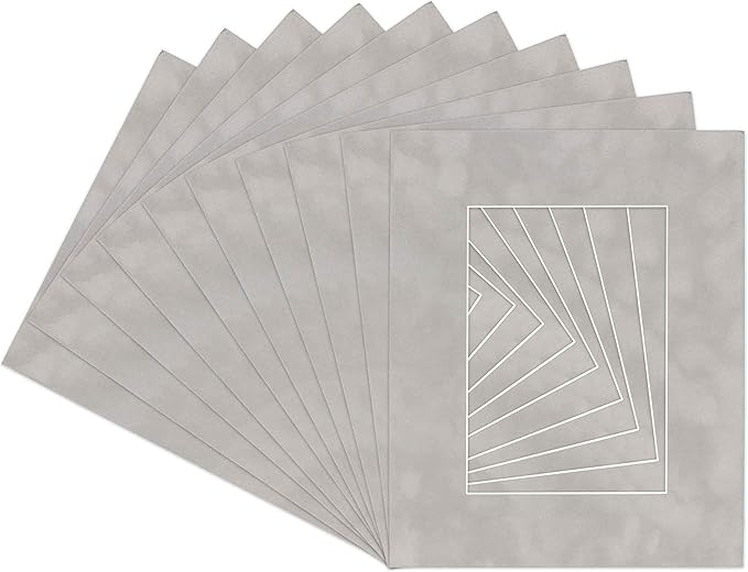 Pack of 25 Acid Free 8x10 Mats Bevel Cut for 5.5x8.5 Photos - Light Grey Suede Precut Matboards For Pictures, Photos, Framing - 4-ply Thickness