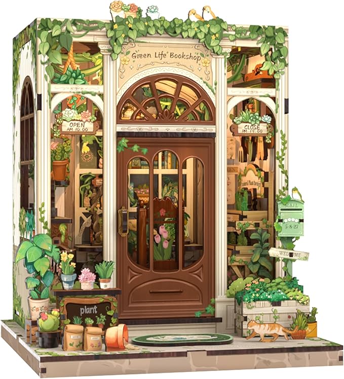 CUTEBEE Book Nook Kit - DIY Miniature House Dollhouse Kit for Adults and Teens, Booknook Tiny House Bookshelf Decor 3D Wooden Puzzle, Gifts for Family Friends (Green Life Bookshop)