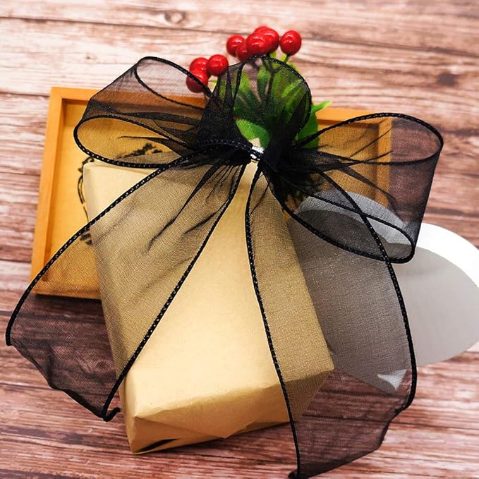 CT CRAFT LLC Sheer Organza Wired Ribbon 2.5" x 50Yards Black for Wedding Chair Bow Flora Bouquet Gift Wrapping Christmas Tree Home Decor Wreath