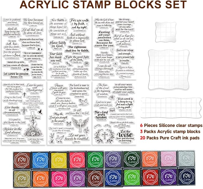 6 Pcs Christian Bible Verse Clear Stamps for Card Making Supplies 20 Craft Ink Pad 3 Acrylic Stamp Block Silicone Stamp with Bless Words Rubber Stamps for Crafting DIY Scrapbooking Journal