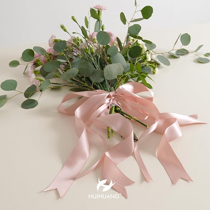 HUIHUANG Rose Gold Satin Ribbon 1/2 inch X 50 Yards Continuous, Rose Gold Pink Double-Faced Satin Ribbon for Gift Wrapping, Bows, DIY Crafts, Flower Bouquet, Wedding Decor, Christmas Decoration