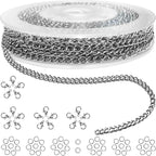 Jishi 33ft Necklace Extender Chain 3mm Silver Stainless Steel Curb Link Chain for Jewelry Making, Bracelet Necklace Extender DIY, Keychain Craft Supplies, Metal Chain Roll w/Lobster Clasps, Jump Rings