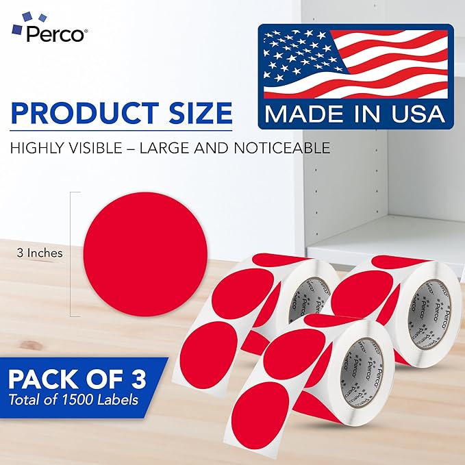 Perco Red 3-Inch Round Circle Dot Sticker Labels - Multi-Roll Pack (3 Rolls, 500 Labels Each) - Permanent Adhesive, Vibrant Colors, Strong Hold - Perforated for Easy Use - Made in USA