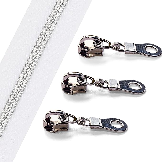 The Yards 10 Yards Bulk White Nylon Coil Zipper with Silver Teeth - Replacement Sewing Zipper with 10PCS Sliders for DIY Craft Bags
