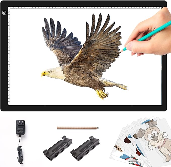 A2 Light Pad Super Thin 7mm Portable Stepless Dimmable Brightness Large Light Box Copy Board for Diamond Painting Weeding Vinyl with 2 Multi-Functional Clips 12V 2A Adapter (23.7''x15.8'')