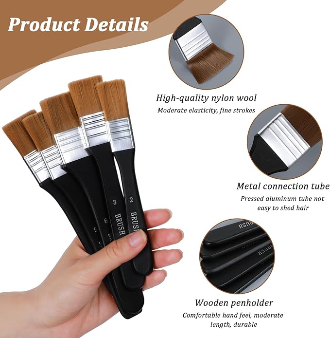 5Pcs Wide Flat Paint Brushes, Oil Art Brushes Set for Acrylic Painting Assorted Sizes Nylon Bristles Artist Paintbrush for Applying Gesso Acrylic Paint Oil Painting Watercolor
