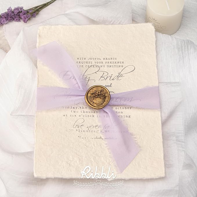 Ribbli Lavender Chiffon Silk Ribbon, 1-1/2 inch x 20 Yard, Handmade Fringe, Light Purple for Wedding Invitations, Bridal Bouquets, Flower Arrangement Decoration