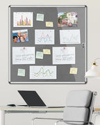 38"x38" Enclosed Bulletin Board, Lockable Weather-Resistant Aluminum Cork Noticeboard for School & Office, Silver Frame w/Grey Flet