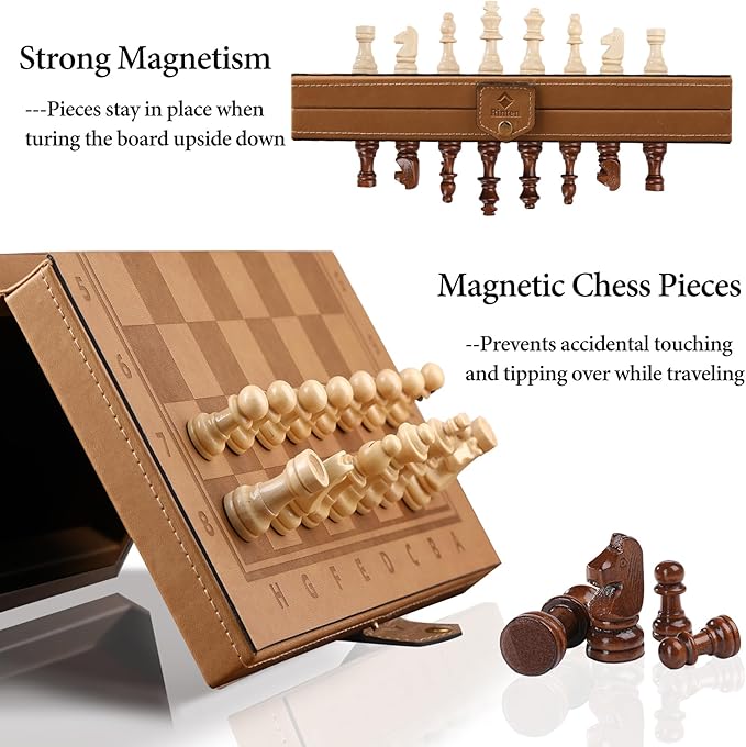 Chess Set Board for Kids & Adults, 12" Travel Magnetic Chess & Checkers Folding Board 2 in 1 Sets, Portable Folding Leather Chess Boards with 3 Velvet Bag Packaging Pieces