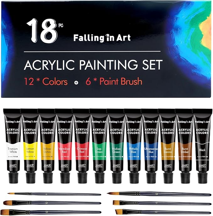 Falling in Art Acrylic Paint Set, 12 Tubes Non-Toxic Rich Pigments Colors with 6 Paintbrushes, Ideal for Painting on Canvas, Wood, Fabric, Craft Paint Set for Beginners and Artists