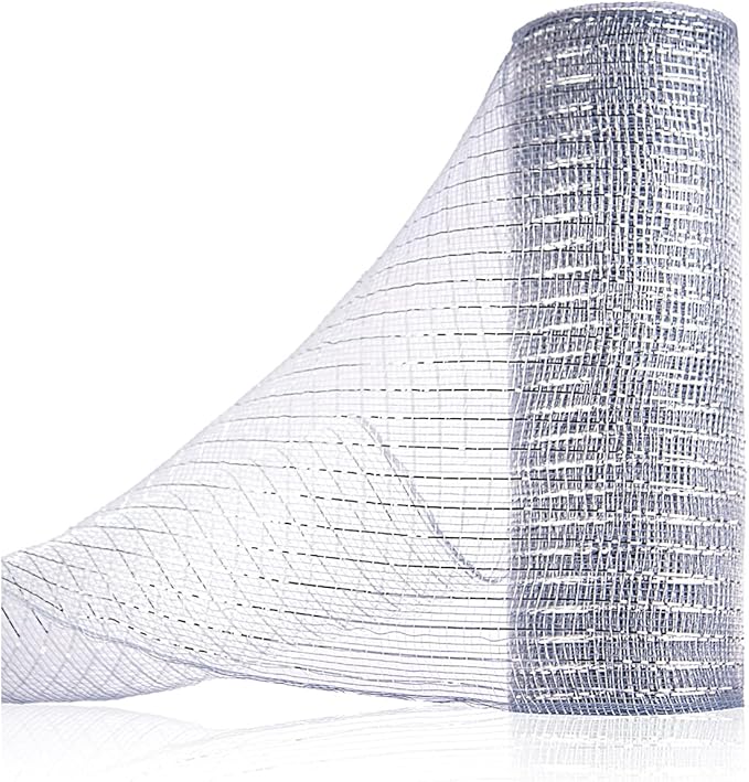 Anivia Deco Mesh Ribbon, 10inch x 30 Feet Each Roll Metallic Foil Mesh Ribbon for Wreaths Swags, Holloween, and Christmas Tree Decoration (Silver/Silver Foil)