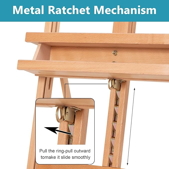 H-Frame Studio Easel, Beechwood Artist Easel with Wheels and Storage Tray, Adjustable Floor Easel Stand Holding Canvas up to 51Inches for Painting, Natural