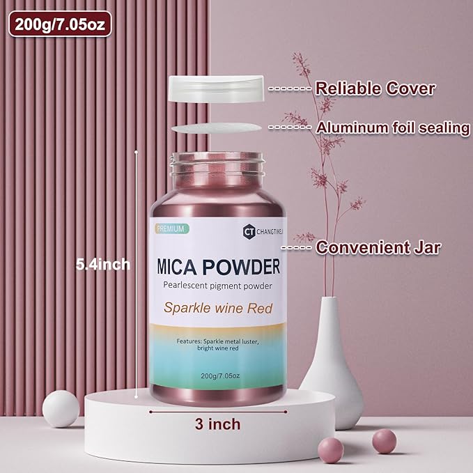 Mica Powder,200g/7.33oz Large Jar,Sparkle Wine Red Mica Powder Pigment for Epoxy Resin，Lip Gloss，Paint，Dye，Soap Making，Nail Polish,Candle Making,Bath Bombs
