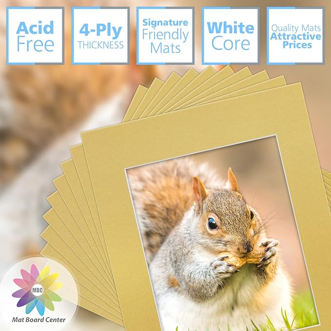 Mat Board Center, Pack of 10, 11x14 for 8x10 Old Gold Color Mats - Bevel Cut, Acid Free, 4-ply Thickness, White Core - for Pictures, Photos, Framing