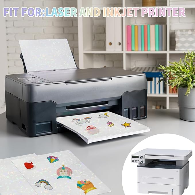 20 Sheets Holographic Sticker Paper,8.5x11 Inch Clear Printable Vinyl Sticker Papers,Self-Adhesive Waterproof for Inkjet/Laser Printer（Clear Glass）