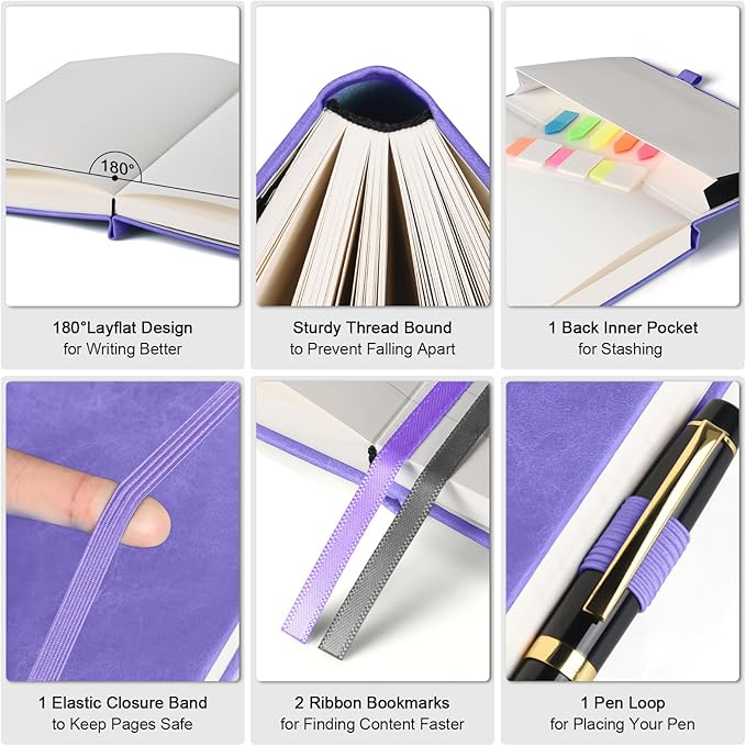 Lined Notebook Journal for Women Men, Large A4 College Ruled Notebook, 312 Numbered Pages Notebooks for Work, 100gsm Paper Daily Journal, Hardcover Vegan Leather Journals for Writing Office, Purple