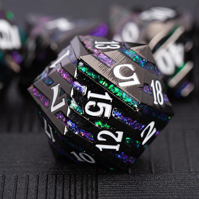 Dungeons and Dragons Dice, Metallic Stripes Dice with Gift Case, Metal Polyhedral Dice Sets for Tabletop Games D&D Role Playing Game (Black Nickel-Purple Green)