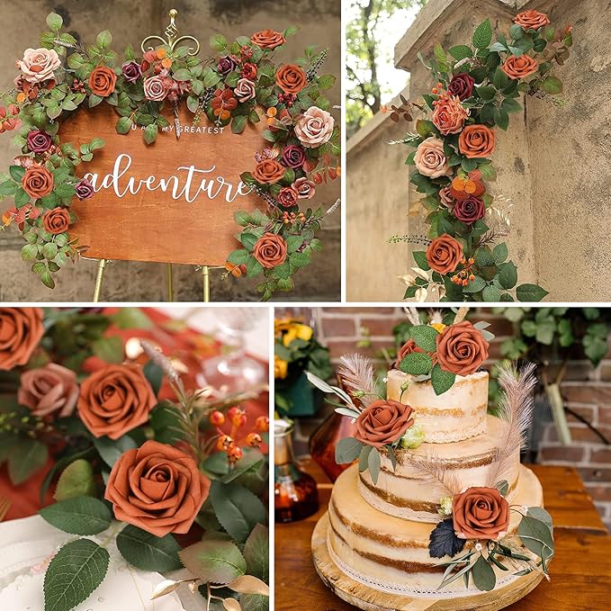 AmyHomie Artificial Flowers Burnt Orange Rose 25pcs Real Looking Fake Roses w/Stem for DIY Wedding Bouquets Centerpieces Arrangements Party Baby Shower Home Decorations
