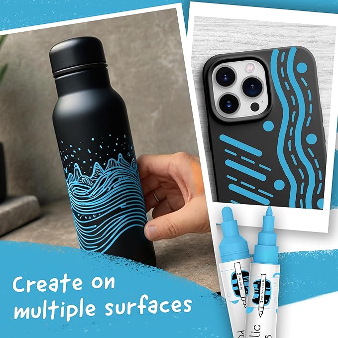 4 Dual Tip Blue Paint Pen Metallic - Fine Tip & Medium Acrylic Markers - Blue Paint Marker for Metal, Wood, Rock Painting, Canvas, Ceramic, Glass, Fabric, Leaf and Plastic - Water-based Ink