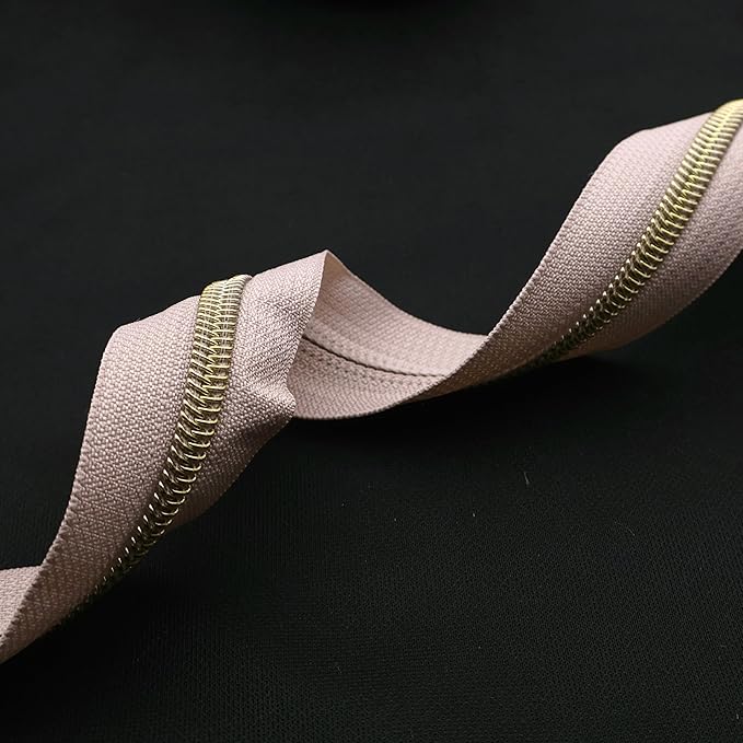 Leekayer #5 Gold Metallic Nylon Coil Zippers by The Yard Bulk 10 Yards Beige Zipper Tape with 25pcs Gold Ring Pull Sliders for DIY Sewing Tailor Craft Bag(Beige)