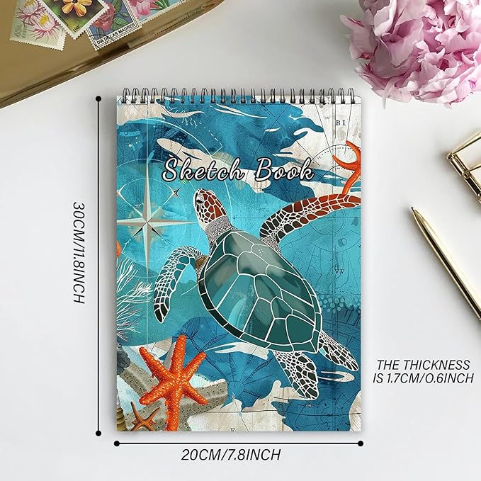 Cabreche Cute Sketchbook Top Spiral Bound Sketch Pad, 9 x 12 inch,100GSM Thick Paper,50 Sheets 100 Pages,Art Sketch Book Artistic Writing Drawing Paper for Girls Women Beginners-Sea Turtle