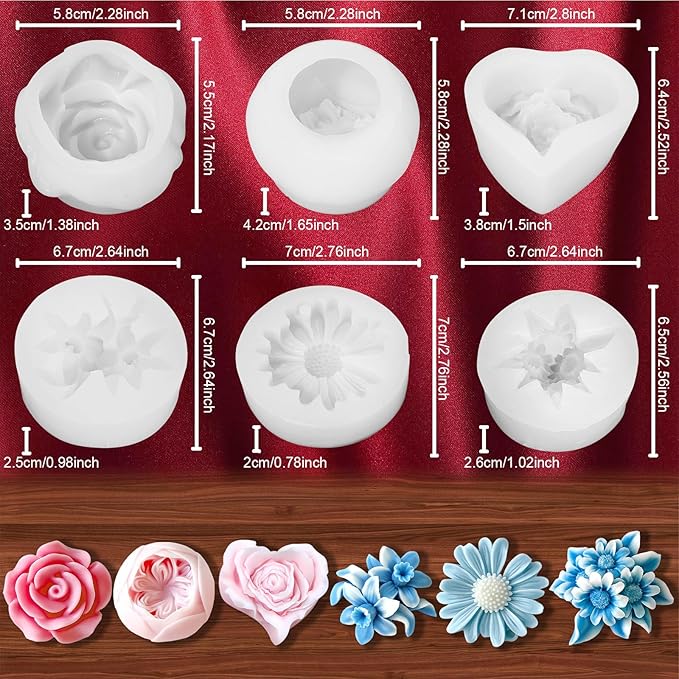 6Pcs Flower Candle Silicone Mold 3D Flower Resin Candle Molds for Candle Making with Wicks DIY Soap Wax Resin Craft Mould Home Art Decoration Box Packaging