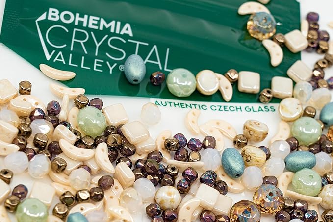 2.1oz (60 g) Mix of Unique Czech Bohemia Glass Pressed Beads, Matte and Glossy, Hand Made, Beige Blue Luster