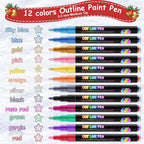FUMILE 12 Colors Double Line Outline Markers,Glitter Markers for Kid Teens,Self Outline Metallic Markers for Art Supplies,Metallic Glitter Pen Set for Teen Girl.