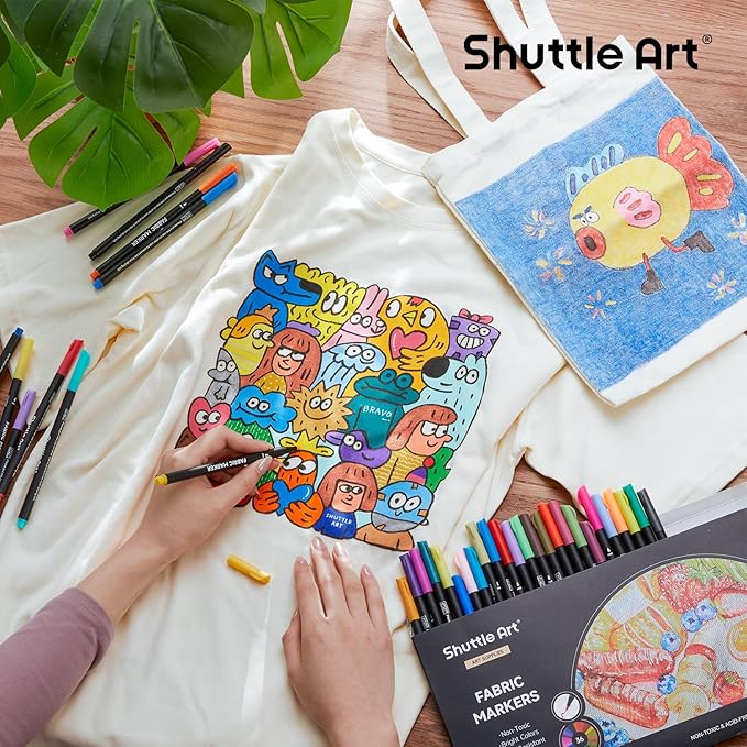 Shuttle Art 36 Colors Fabric Markers, Permanent Shirt Markers for Clothes Sneakers Jeans with 11 Stencils 1 Fabric Sheet, Fabric Pens for Kids Adult Painting Writing
