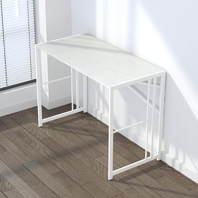 Folding Desk 40 inch Writing Gaming Computer Camping Table, No Assembly Required Home Office Desk, White