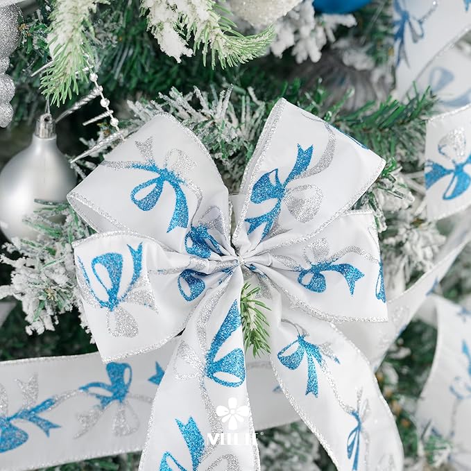 MEEDEE Blue & Silver Christmas Ribbon, 2.5 Inch Wired Satin Ribbon with Turquoise & Silver Glittery Bows, 10 Yards (30 Feet), Perfect for Tree, Garlands, Toppers & Bows