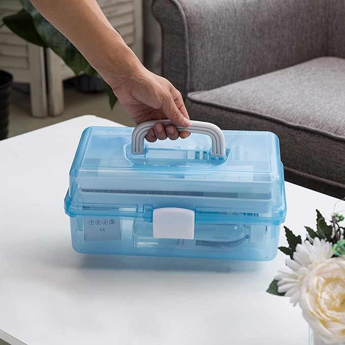 MyGift 13 Inch Transparent Blue Plastic Empty Multipurpose Storage Box with Handle, Latching Lid and 2 Expandable Trays for Tools, First Aid, Sewing Kit, Arts Crafts Supplies