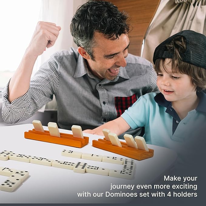 Queensell Dominos Set for Adults with 4 Domino Racks - Double 6 Dominoes Set with Domino Holder, Classic Board Games for Kids and Adults - Double Six Standard Dominos Set 28 Tiles with Travel Case