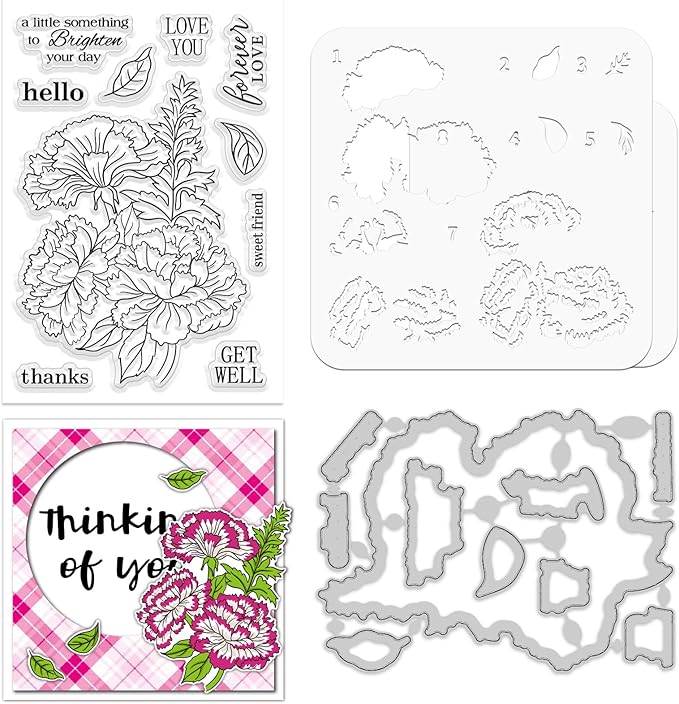 ORIGACH Dianthus Layering Stencil Stamp and Die Set for Card Making, Flower Stencil Template Silicone Clear Stamps and Metal Die Sets for DIY Scrapbooking Photo Album Crafting