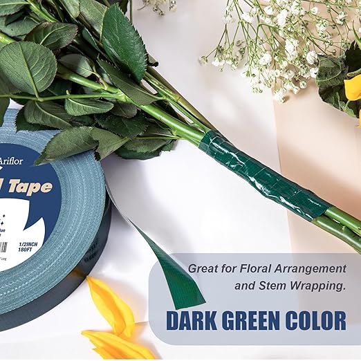 Green Floral Tape - Flower Wrap Adhesive Tape Bouquet Stem Wrapping and Floral Crafts, Wedding Bouquet Tape - 1/2 inch Wide and 180 FT Long