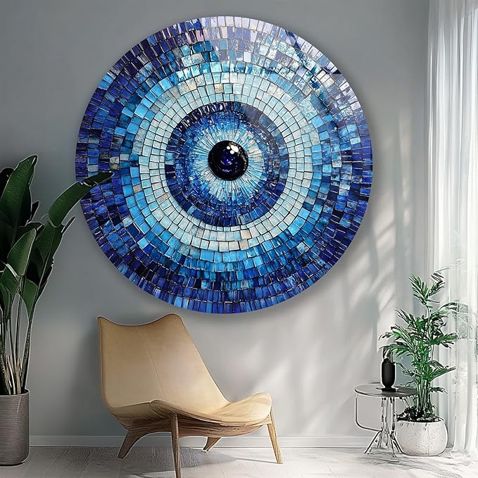 My Photostation.com 24''(60cm) Diameter Blue Mosaic Evil Eye Round Glass Wall Art Tempered Glass Printing Wall Decor Large Wall Art Wall Hangings