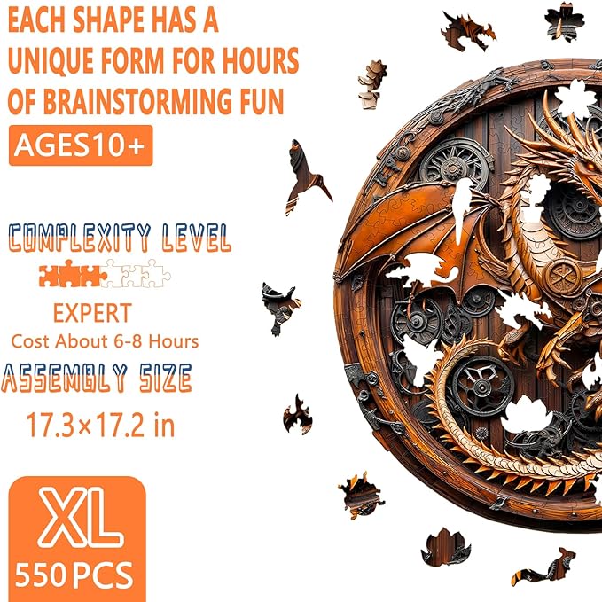 Wooden Puzzles for Adults, Mechanical Dragon Wooden Jigsaw Puzzle for Adults, Wood Puzzles Adult, Unique Animal Shape, Gifts for Friends and Family, Wall Art Canvas Puzzle (XL -17.3*17.2in -550 pcs)