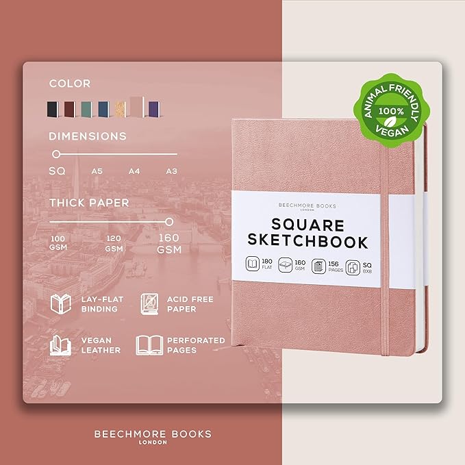 Beechmore Books Square Sketchbook – 8x8 Premium Vegan Leather Bound Large Sketch Book Hardcover with 156 Thick 160gsm Perforated Ivory Pages, Blank Sketch Pad, Gift Boxed Back Pocket, Ribbon Bookmark