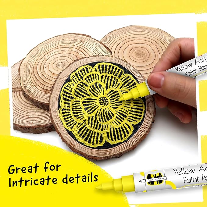 4 Dual Tip Yellow Paint Pen Metallic - Fine Tip & Medium Acrylic Paint Markers - Yellow Marker for Metal, Wood, Rock Painting, Canvas, Ceramic, Glass, Fabric, Leaf and Plastic - Water-based Ink