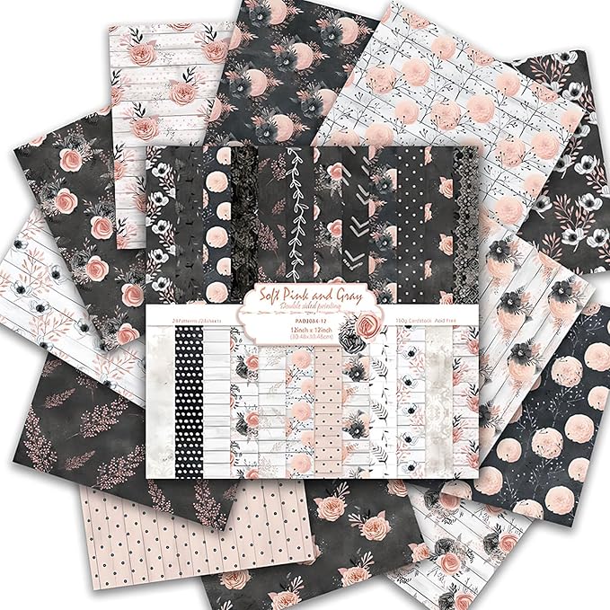 Scrapbook Paper 12x12 inch, 24 Sheets DIY Origami Decorative Craft, Double sided printing, Photo Album Decor Wooden-free Paper for Gift Wrapping Card Making Collage Album Decorative (Black)