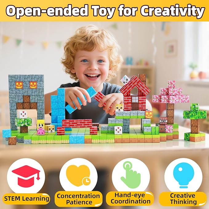 EchoPlan Magnetic Blocks, 100PCS Magnetic Building Blocks to Build a 3D World, STEM Sensory Construction Stacking Magnet Blocks Toy for Kids Ages 3+, Boys and Girls Christmas Birthday Gifts