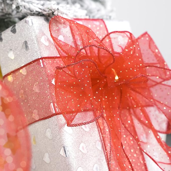 MEEDEE Red Gold Wired Ribbon - 2.5 Inch Sheer Ribbon with Gold Glitter Polka Dots for Christmas Tree, Wreath and Bow Making