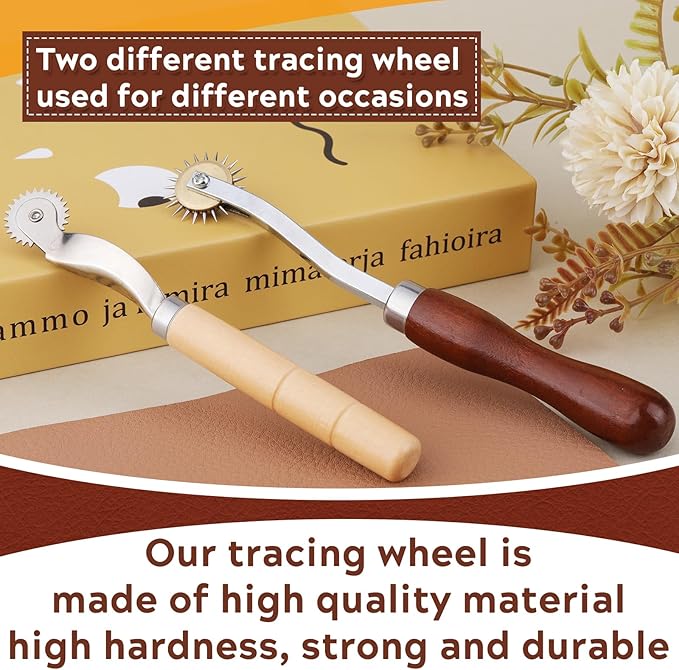 2PCS Tracing Wheel,Professional Stitch Marking Spacer,Wood and Stainless Steel Pounce Wheel,Pounce Wheel for Sewing Patterns with Wooden Handle forTracing Paper and Leather Crafts