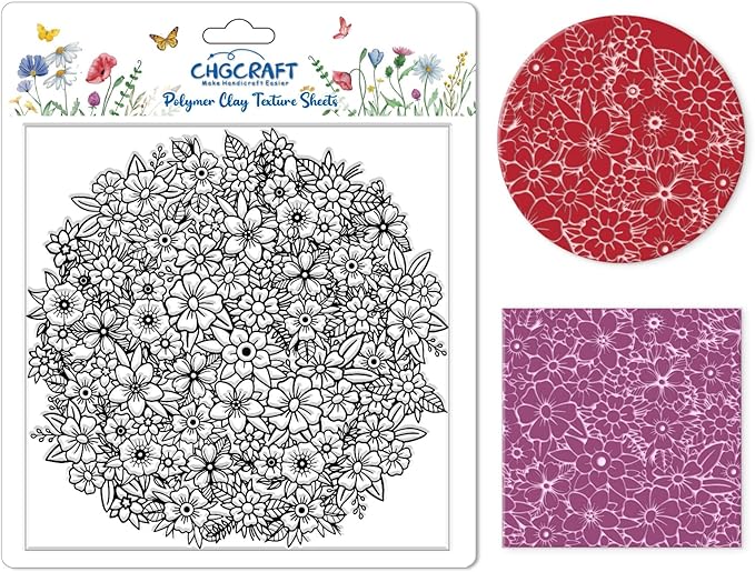 CHGCRAFT Flower Pile Polymer Clay Texture Sheets Flowers Silicone Texture Stamp Clay Texture Mat Modeling Pattern Pad Texture Sheets for Jewelry and Clay Earrings Tools, 5.5x5.5 inch
