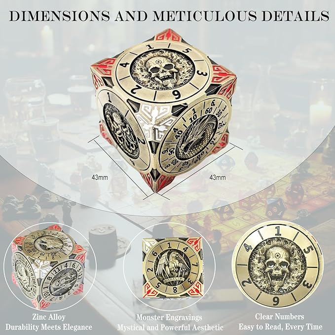 6 Sided Spinner DND Dice - Metal D4 D6 D8 D10 D10% D12 D20 All in One D&D Set - Cool Role Playing Gifts for Dungeons and Dragons TRPG MTG Games Lover Players Upgrade Ancient Bronze