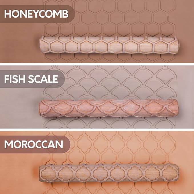 Byllstore Extra Large Clay Texture Rollers with Pottery Stamps | 3 Texture Rollers | 6 Clay Stamps | 3-Pack (9" x 1.2", 3 Pack)