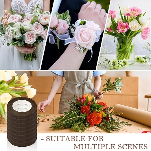 8 Packs Floral Tape, 1/2" Wide Flower Tape, Brown Floral Tape for Fresh Flowers, Adhesive Florist Tape for Floral Crafts, Bouquet Floral Arranging Stem Wrapping, Wedding Bouquet, 30Yard