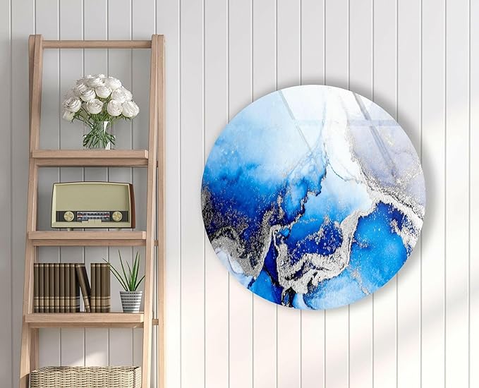 My Photostation.com 27.5''(70cm) Diameter Blue Marble Round with Silver Details Glass Wall Art Tempered Glass Printing Wall Decor Large Wall Art Wall Hangings