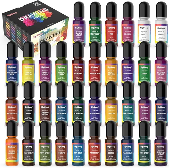 Alcohol Ink Set - 36 Bottles Vibrant Colors High Concentrated Alcohol-Based Ink, Concentrated Epoxy Resin Paint Colour Dye Great for Resin Petri Dish, Coaster, Painting, Tumbler Cup Making(10ml Each)