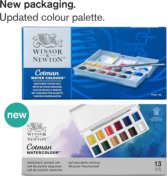 Winsor & Newton Cotman Watercolor Paint Set, Sketchers' Pocket Set, 12 Half Pan w/ Brush